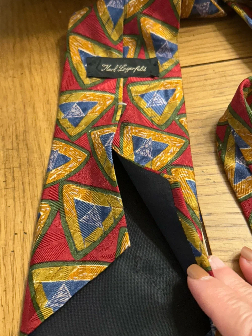 Karl Lagerfeld Red Silk Tie with Blue and Gold Geometric Motif